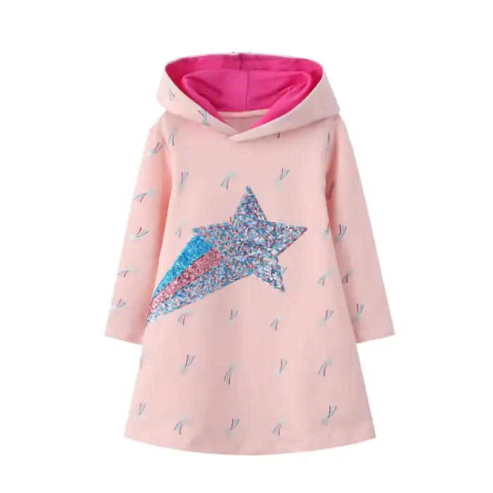 Rochie hoodie din bumbac cu paiete, pink star