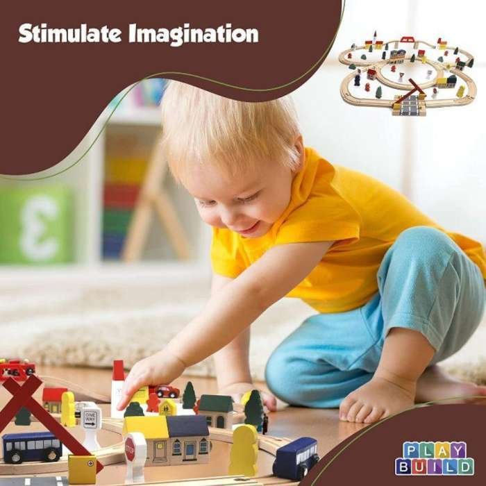 Traseu din lemn pentru trenulețe Playmags PlayBuild 100 piese - imagine 4